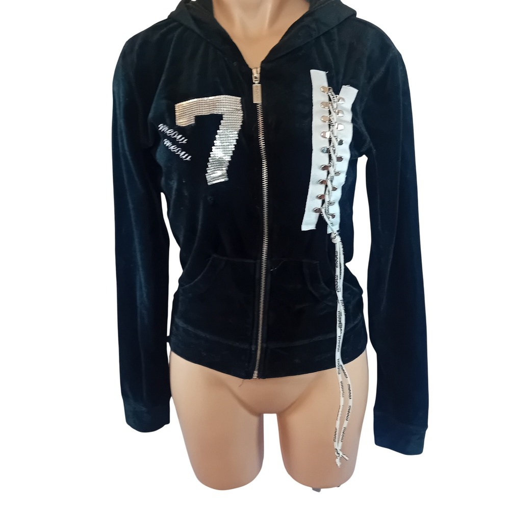 Vintage Y2K Meow Meow Velour Hoodie Sequin LaceUp Mcbling Streetwear HOLE READ M